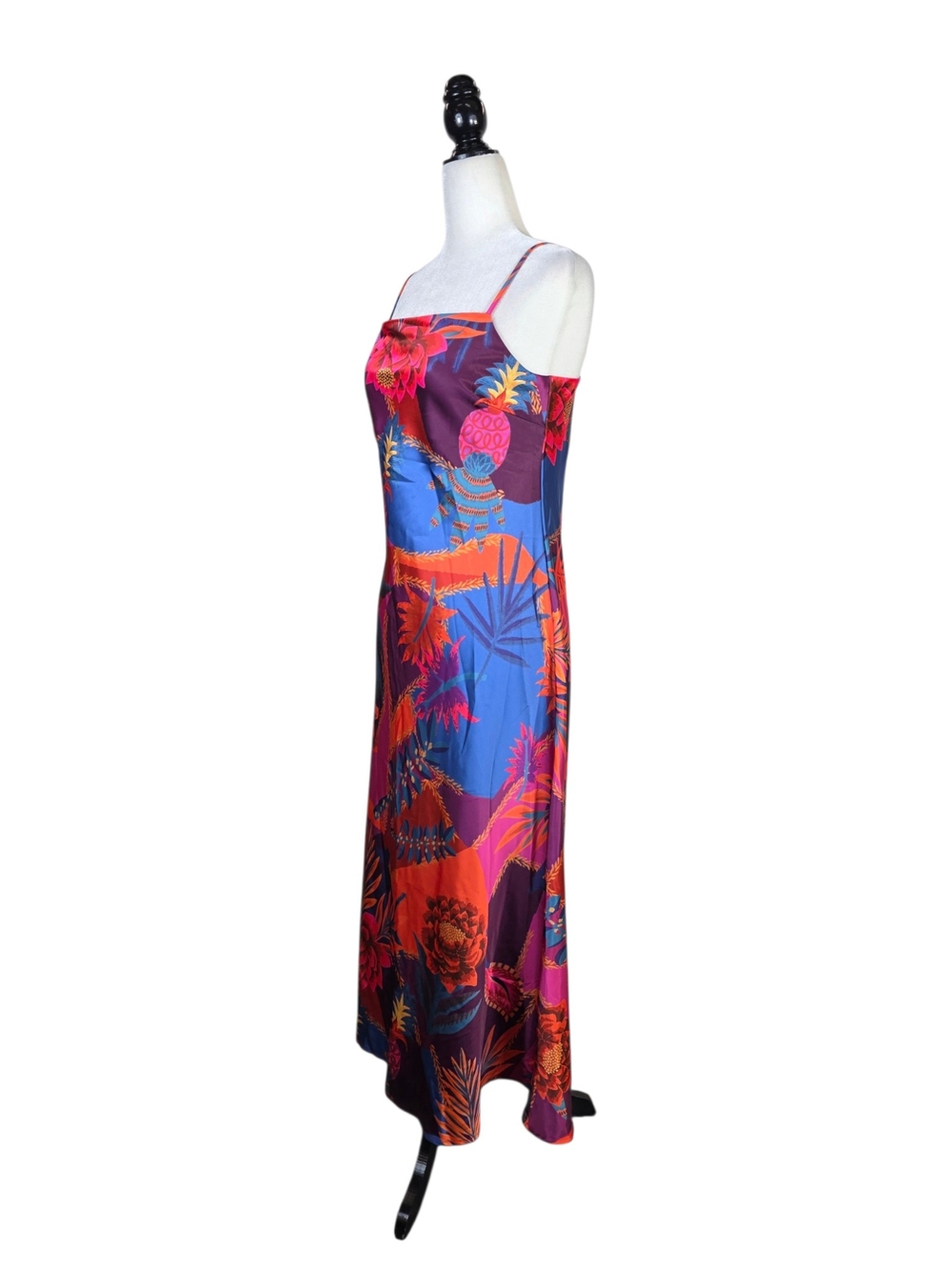 Joie Tropical Floral Satin Slip Midi Dress in Blue, Pink & Orange